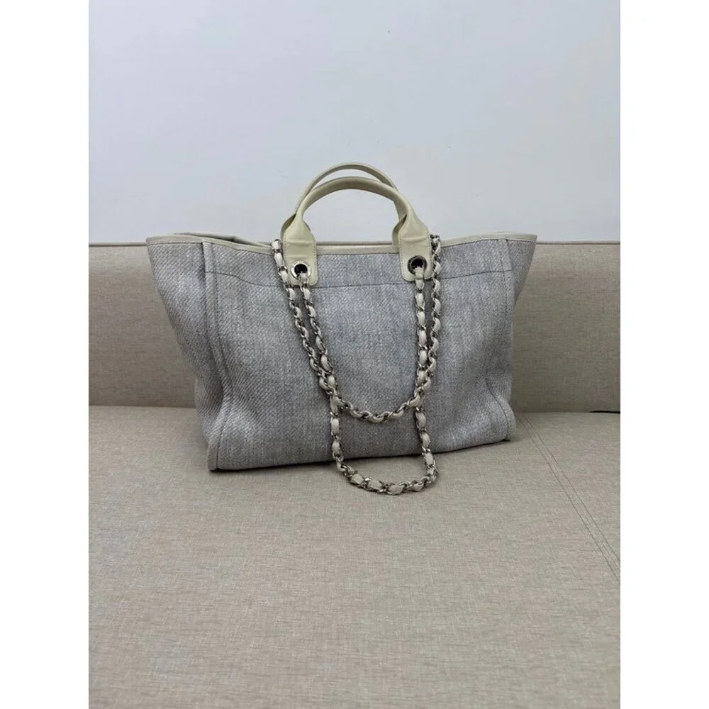 CHANEL Grey Raffia Deauville Shopping Bag Medium SHW